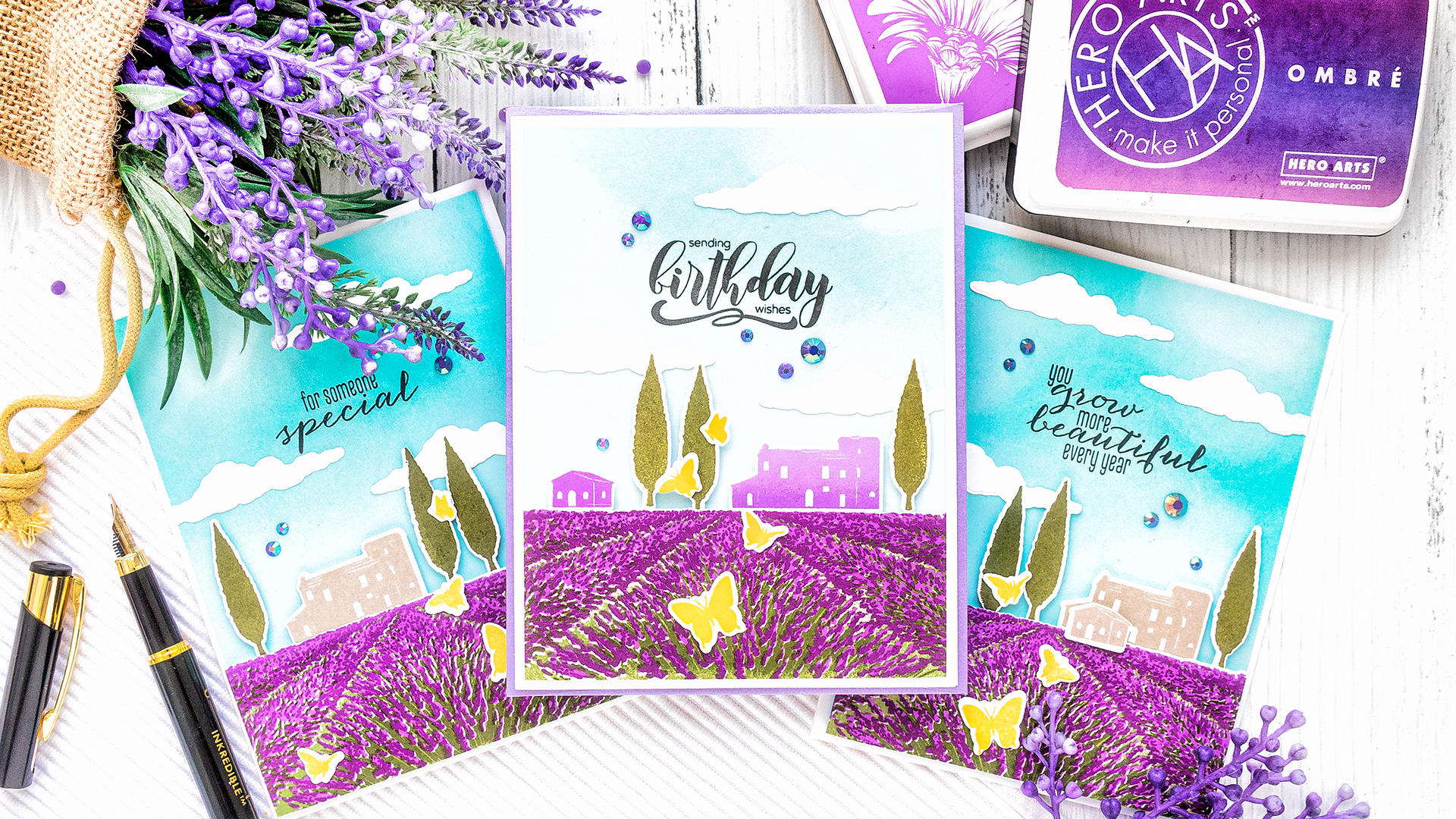 Hero Arts | Heroscapes - Lavender Field Cards. Video tutorial by Yana Smakula #heroarts #cardmaking #stamping